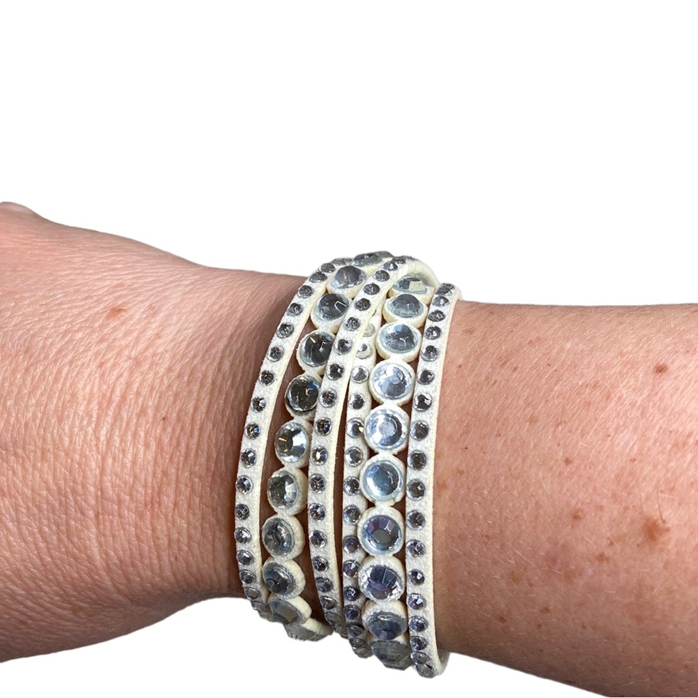 White Rhinestone Double Wrap Snap Bracelet